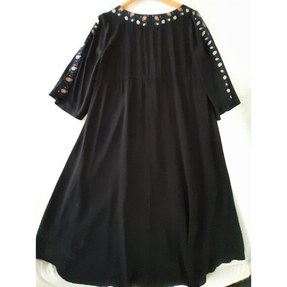 Womens Boho Embroidered Asymmetrical Hi Lo Flared Sleeve Medium Dress Black - Picture 6 of 10